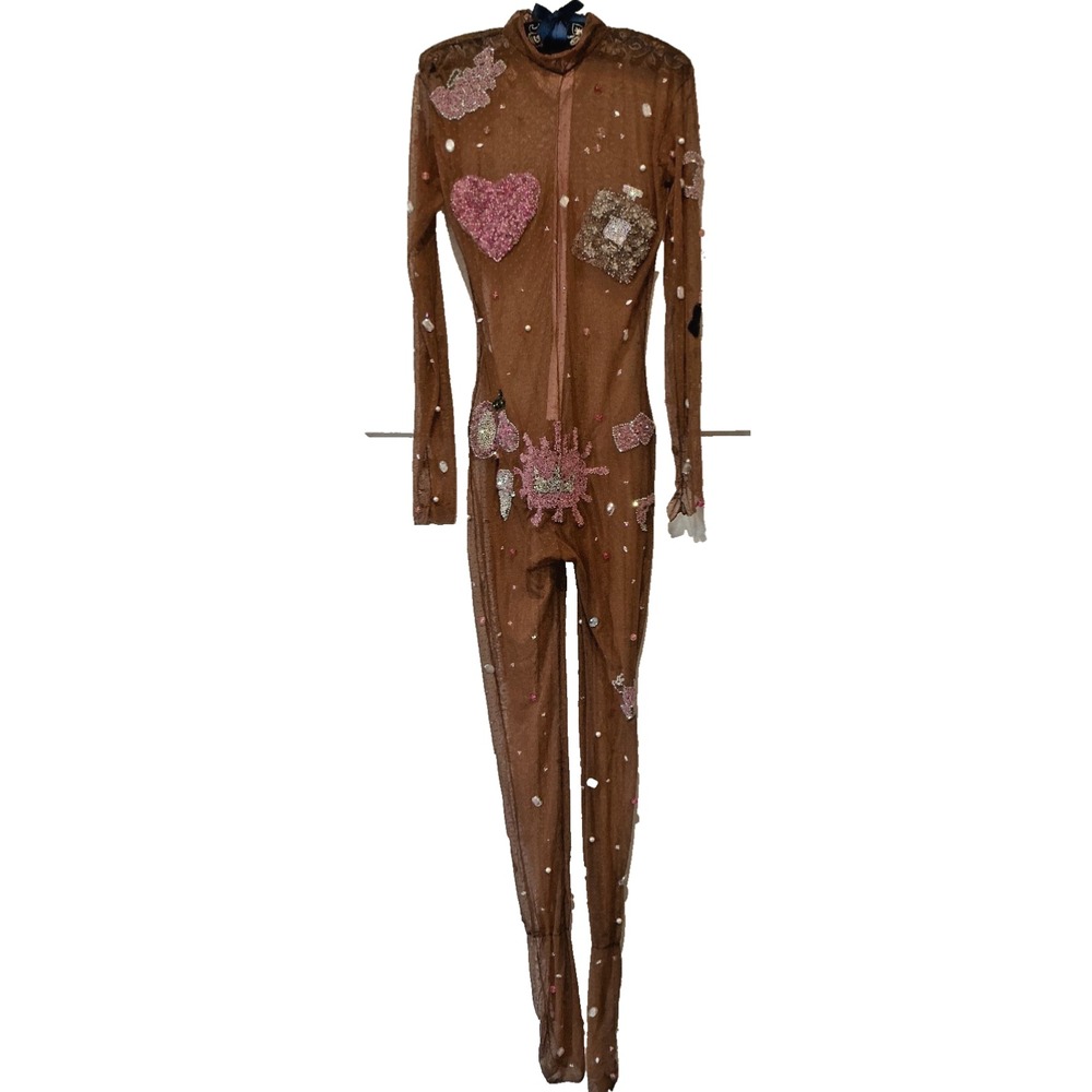 Custom Handmade Sheer Sexy Club Brown Rhinestone Stage CosplayBejeweled Jumpsuit